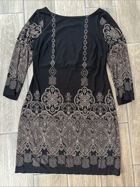 Enfocus Studio Black Dress with Taupe Paisley Medallion Print, size 8P